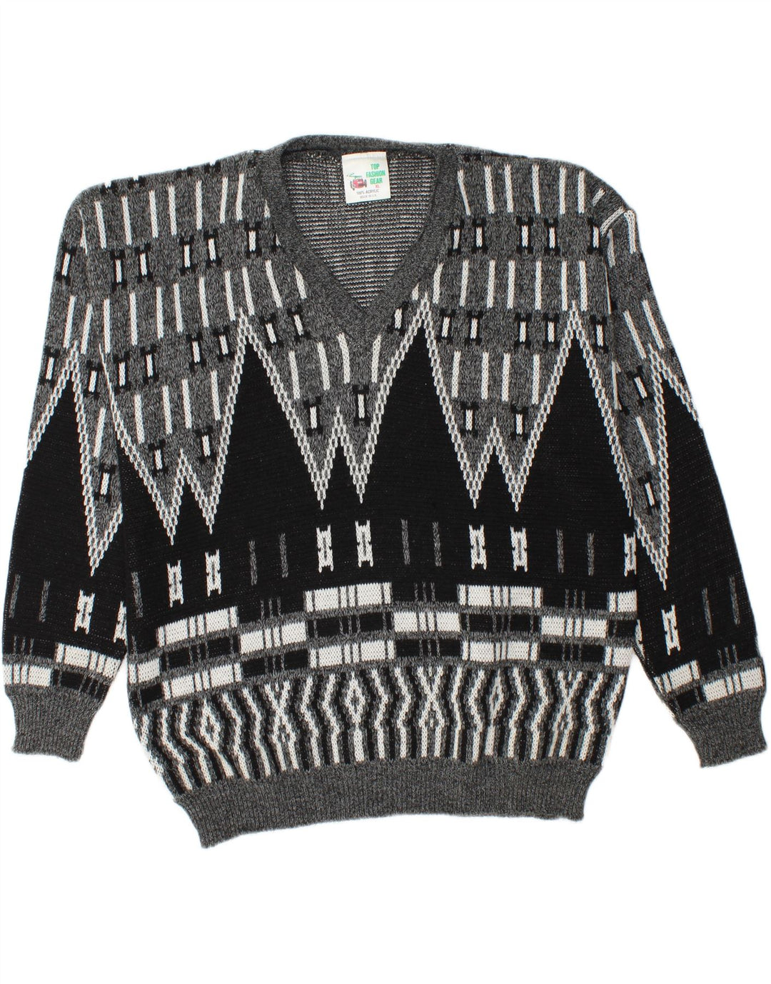 VINTAGE Mens V-Neck Jumper Sweater XL Grey Geometric Acrylic Vintage Vintage and Second-Hand Vintage from Messina Hembry 