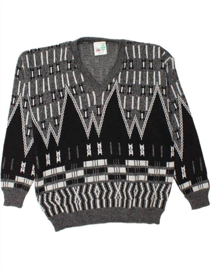 VINTAGE Mens V-Neck Jumper Sweater XL Grey Geometric Acrylic Vintage Vintage and Second-Hand Vintage from Messina Hembry 