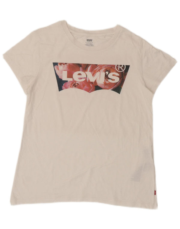 Camiseta feminina gráfica Levi's UK 12 algodão branco médio
