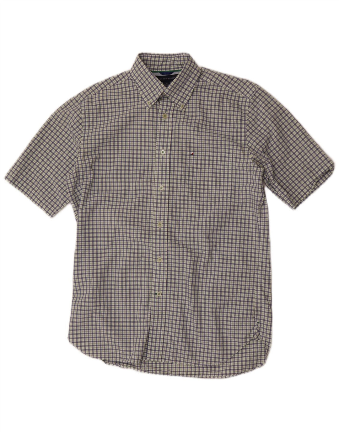 Tommy Hilfiger Camisa masculina de manga curta pequena azul xadrez de algodão