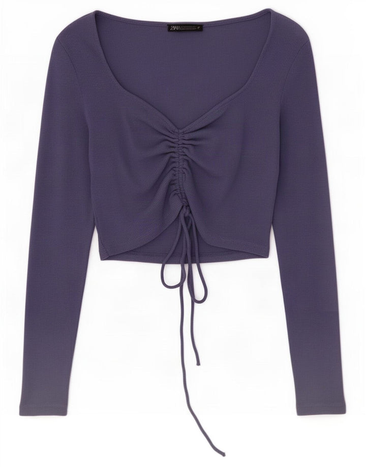 Top cropped feminino Zara manga comprida Reino Unido 12 algodão roxo médio