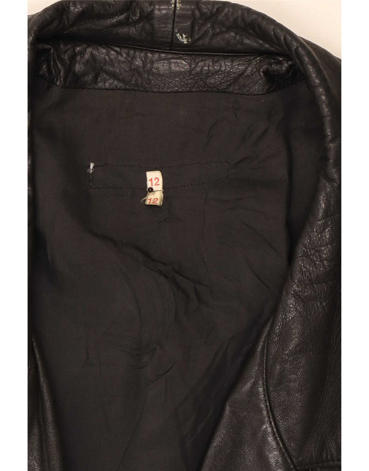Casaco de couro grande vintage feminino UK 12 médio preto