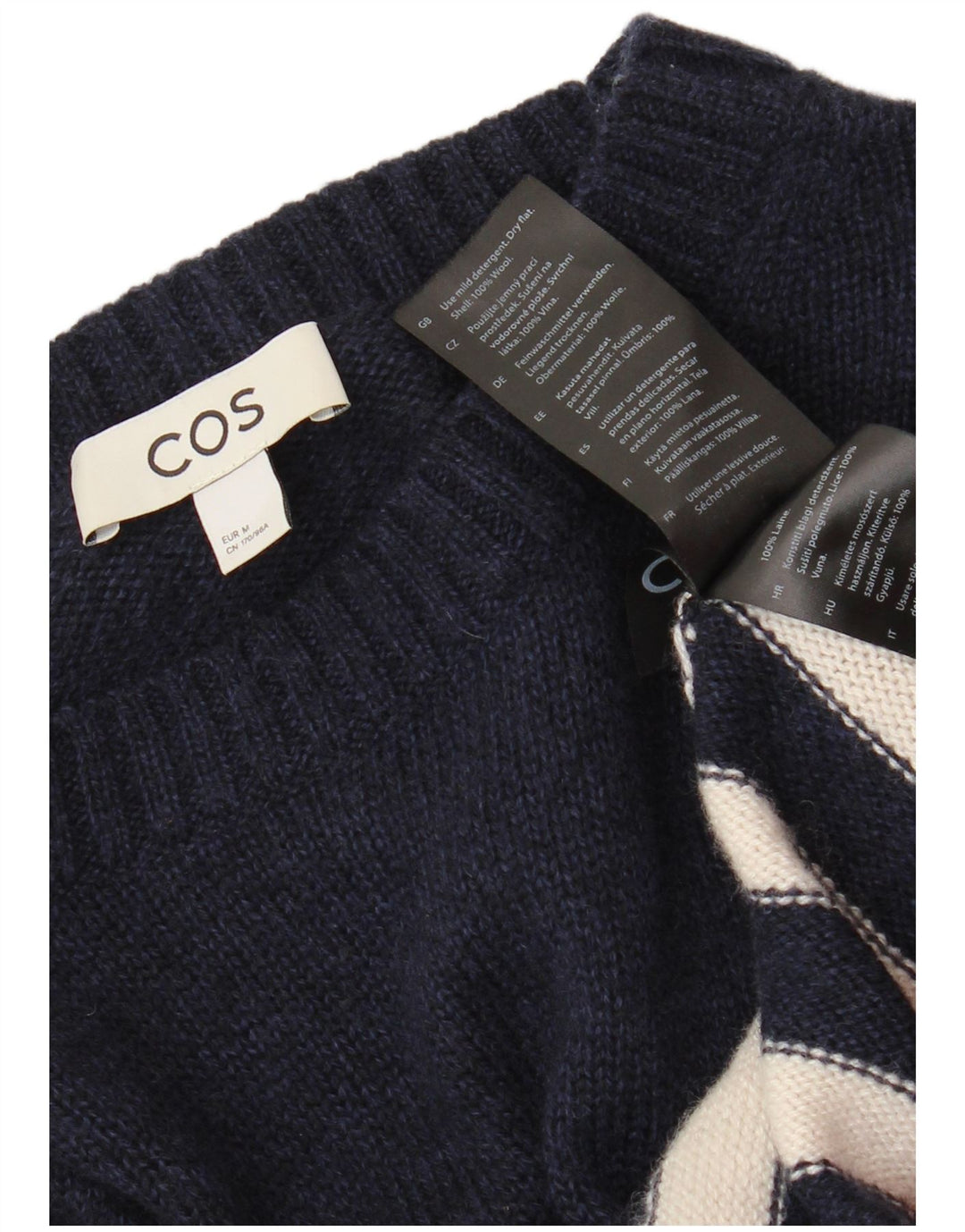 Suéter feminino Cos com gola redonda UK 14 lã listrada azul marinho médio