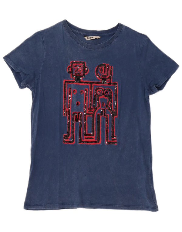 Desigual Camiseta feminina gráfica Top UK 10 algodão azul pequeno