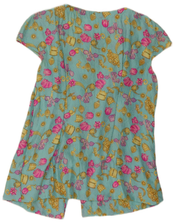 Blusa feminina vintage de manga curta UK 10 pequena turquesa floral