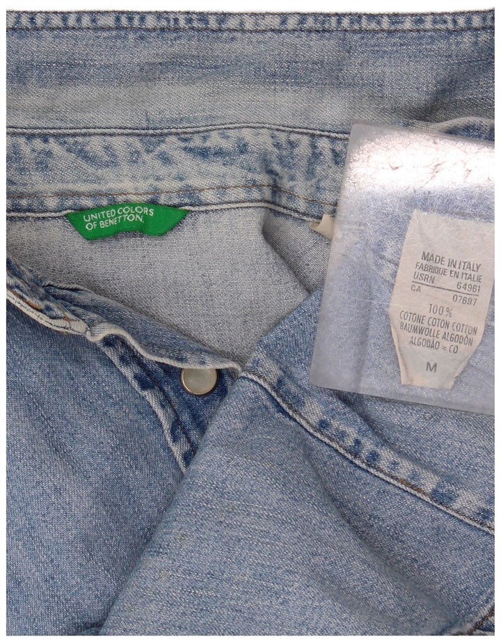 Camisa jeans feminina BENETTON Reino Unido 14 algodão azul médio