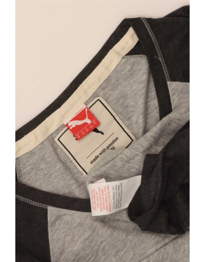Top feminino Puma manga comprida UK 12 algodão colorblock cinza médio