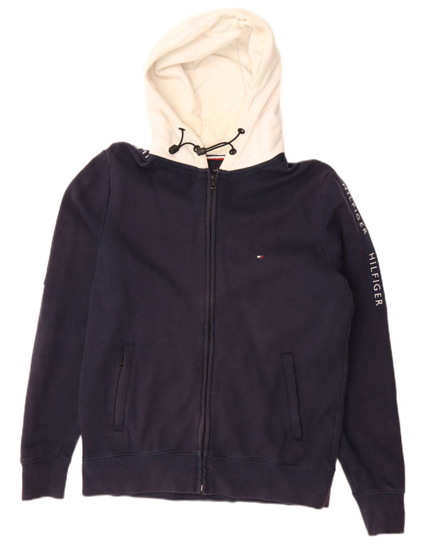 Tommy Hilfiger Suéter masculino com capuz e zíper gráfico pequeno bloco colorido azul marinho