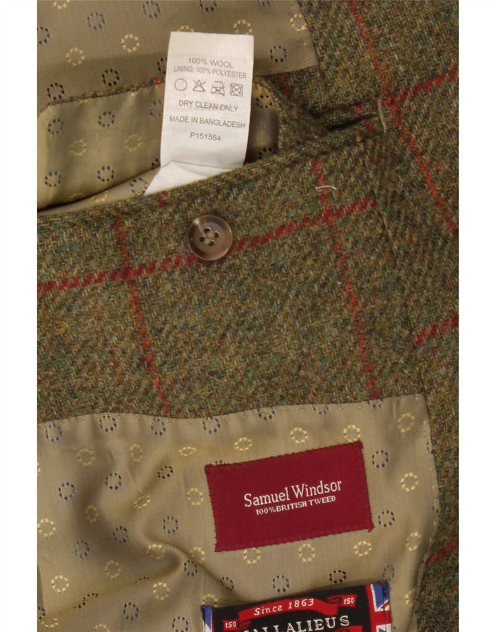 Jaqueta blazer masculina de 2 botões Samuel Windsor Reino Unido 46 3XL lã xadrez cáqui