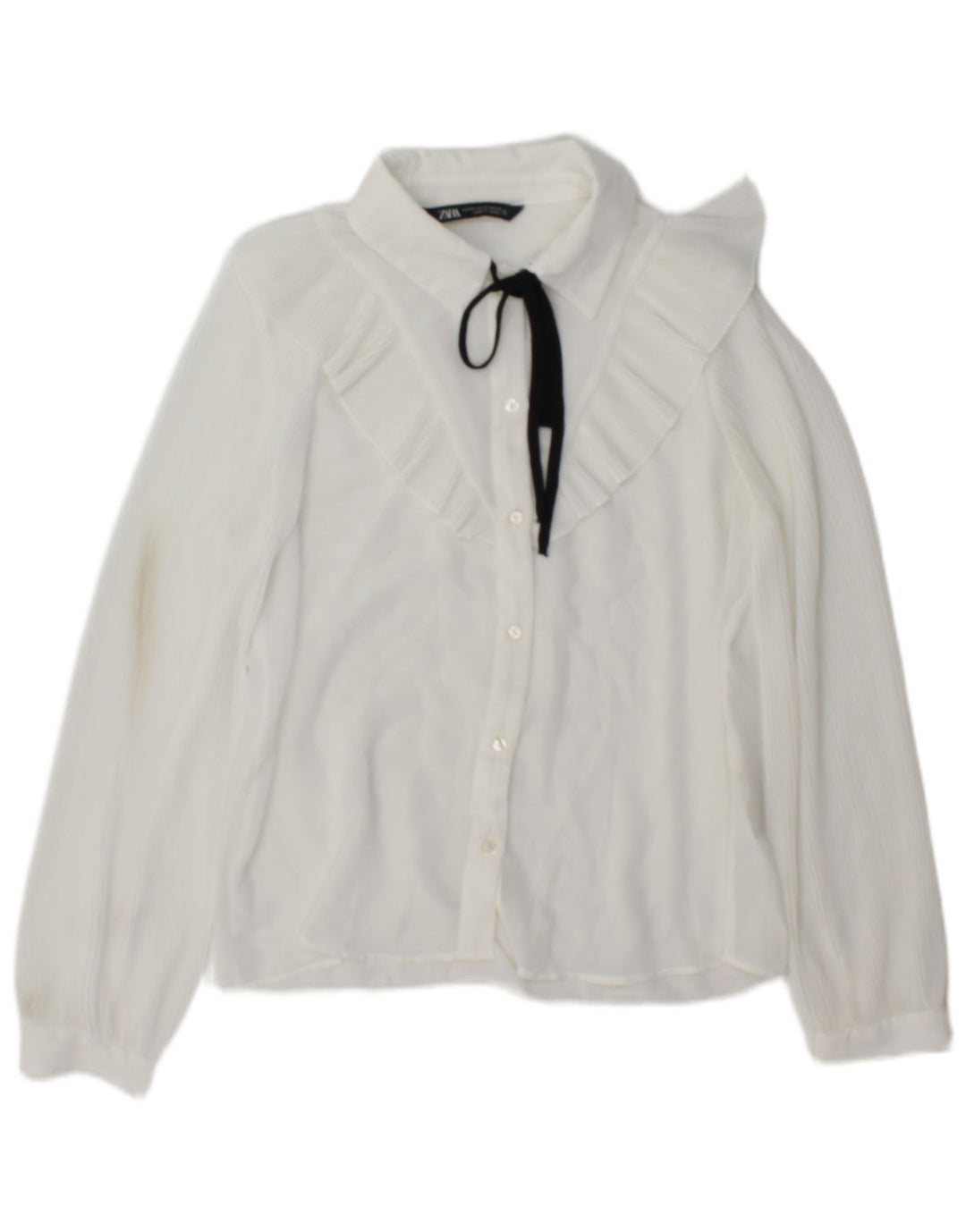 Blusa feminina Zara com babados na frente e grande tamanho UK 6 XS poliéster branco