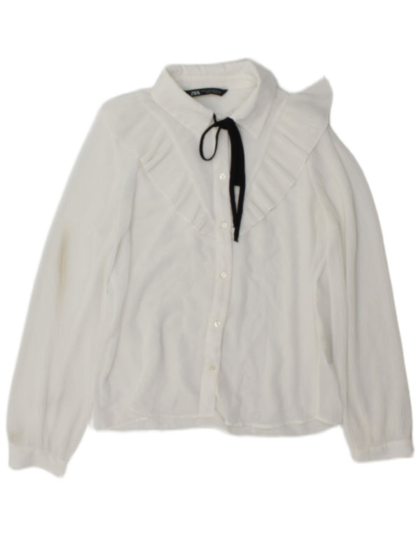 Blusa feminina Zara com babados na frente e grande tamanho UK 6 XS poliéster branco