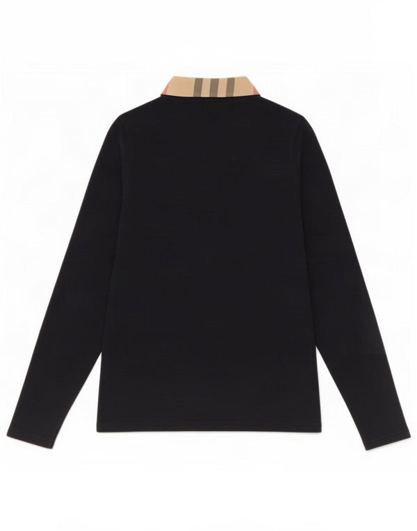 Burberry Womens Long Sleeve Polo Shirt UK 14 Large Navy Blue Check Cotton