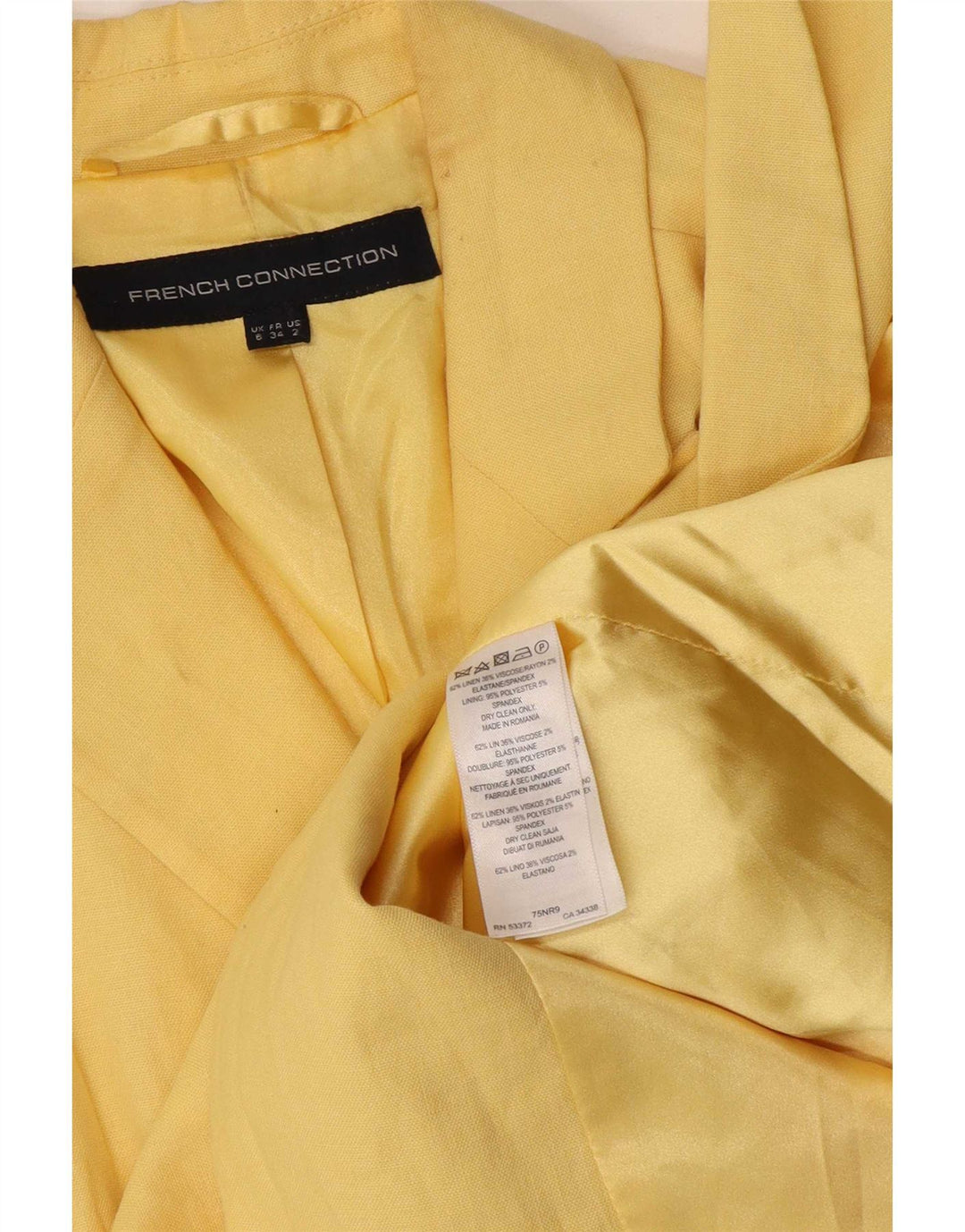 Jaqueta blazer feminina French Connection com peito duplo Reino Unido 6 XS linho amarelo
