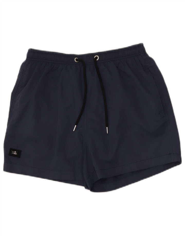Shorts de natação masculino vintage poliéster azul marinho médio