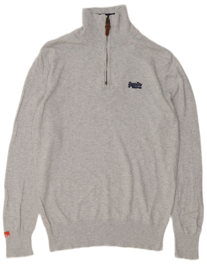 Suéter masculino Superdry com zíper e gola alta de algodão manchado cinza grande