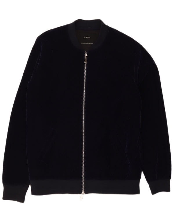 Zara Mens Velour Bomber Jacket UK 40 Grande Poliéster Azul Marinho
