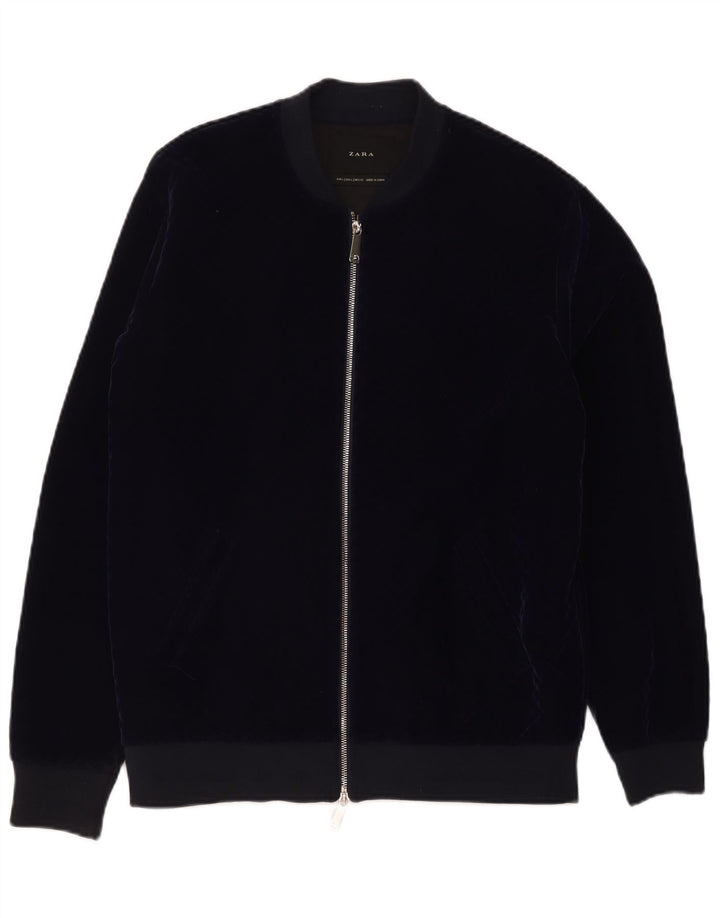 Zara Mens Velour Bomber Jacket UK 40 Grande Poliéster Azul Marinho