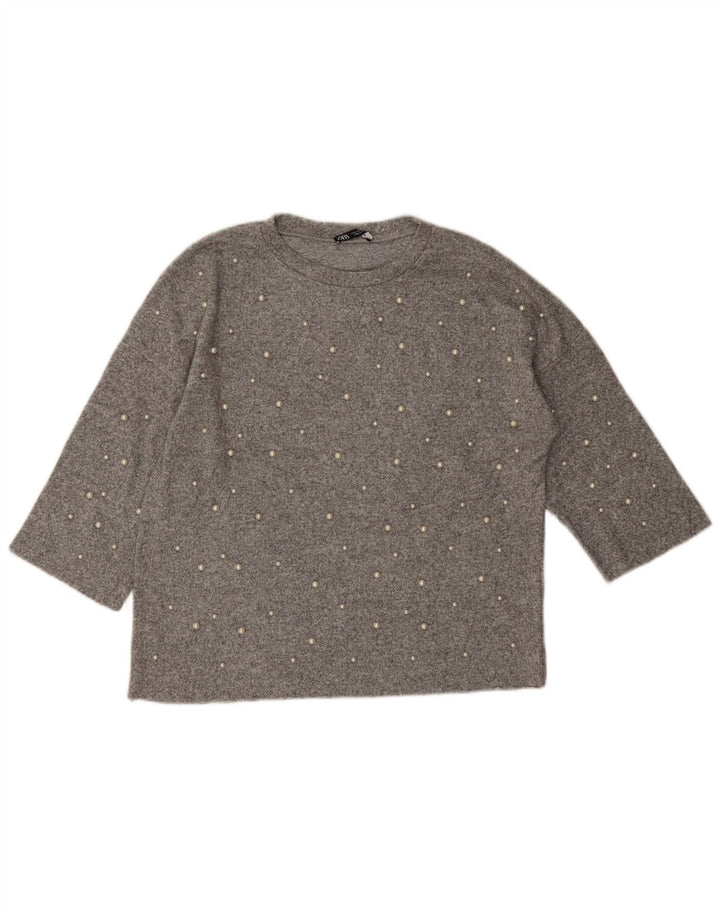 Zara Top feminino oversized manga 3/4 Reino Unido 10 pequeno cinza manchado