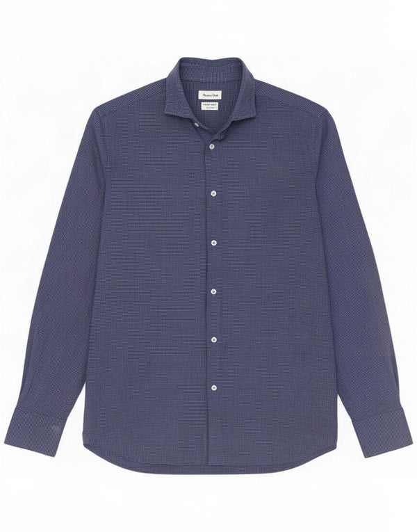 Massimo Dutti Camisa masculina de flanela de ajuste regular pequeno azul houndstooth algodão