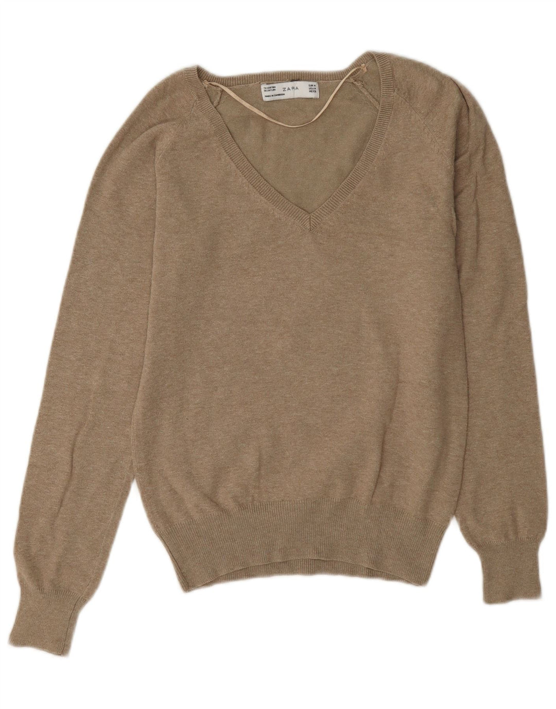 Suéter feminino Zara com decote em V Reino Unido 14 algodão marrom médio