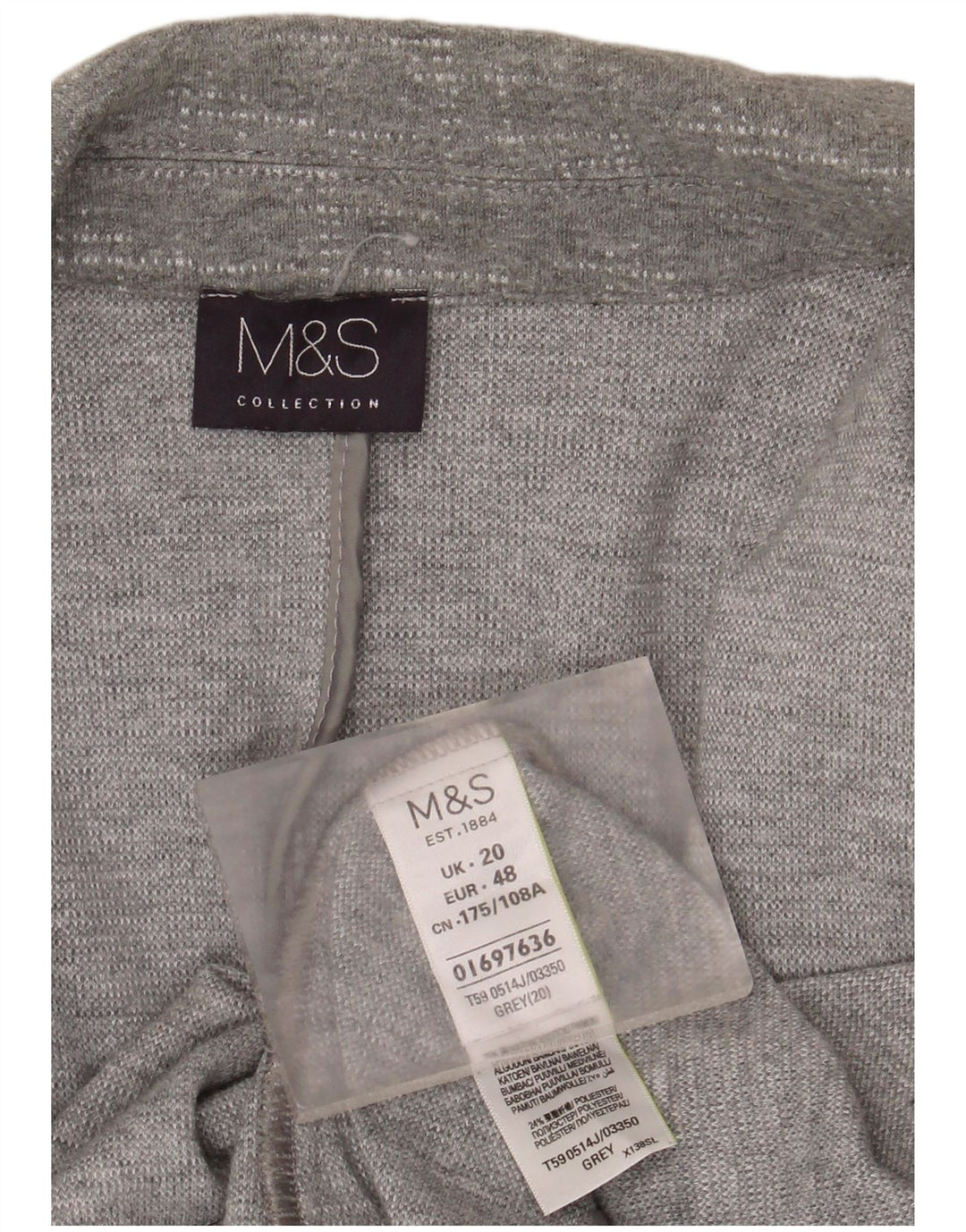 Jaqueta blazer feminina Marks & Spencer manga 3/4 aberta Reino Unido 20 2XL algodão cinza