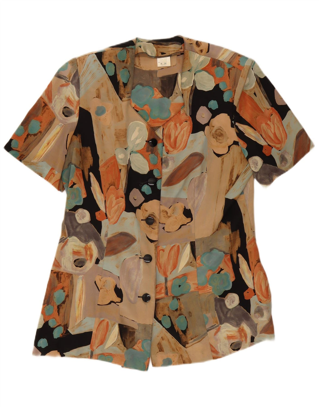 Blusa feminina vintage manga curta UK 18 XL patchwork multicolorido