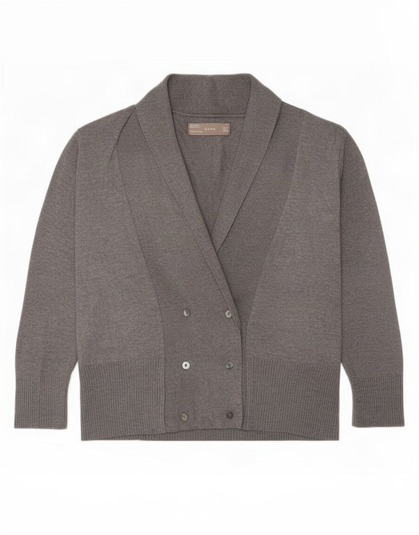 Suéter cardigã feminino Zara manga 3/4 com peito duplo Reino Unido 16 grande cinza
