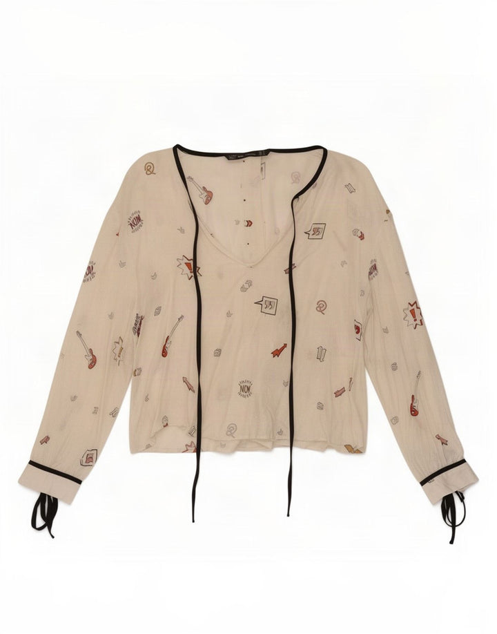 Blusa feminina Zara Trafaluc com padrão abstrato Reino Unido 12 médio branco