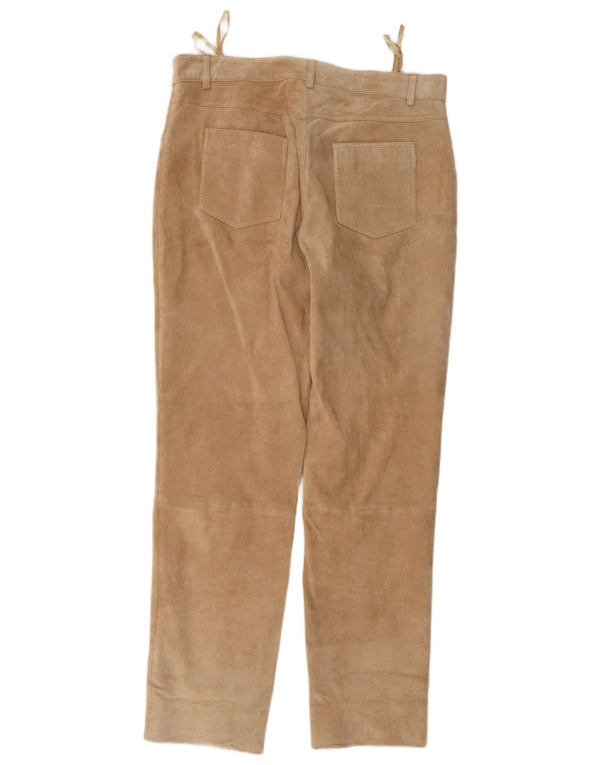 Calças vintage masculinas de camurça cônica W36 L30 couro bege