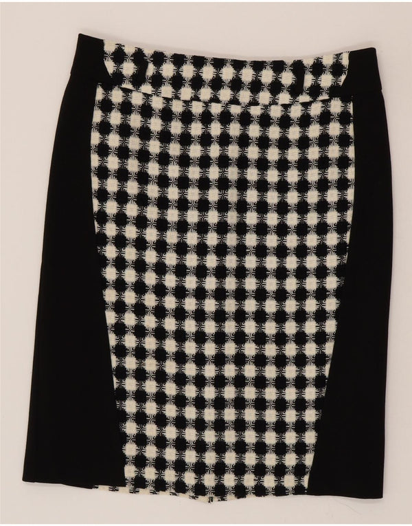 Saia reta feminina vintage Reino Unido 16 grande acrílico geométrico preto W34