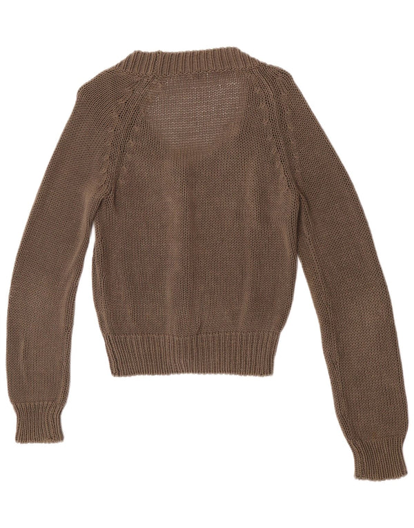 Suéter cardigã feminino vintage Reino Unido 12 algodão marrom médio