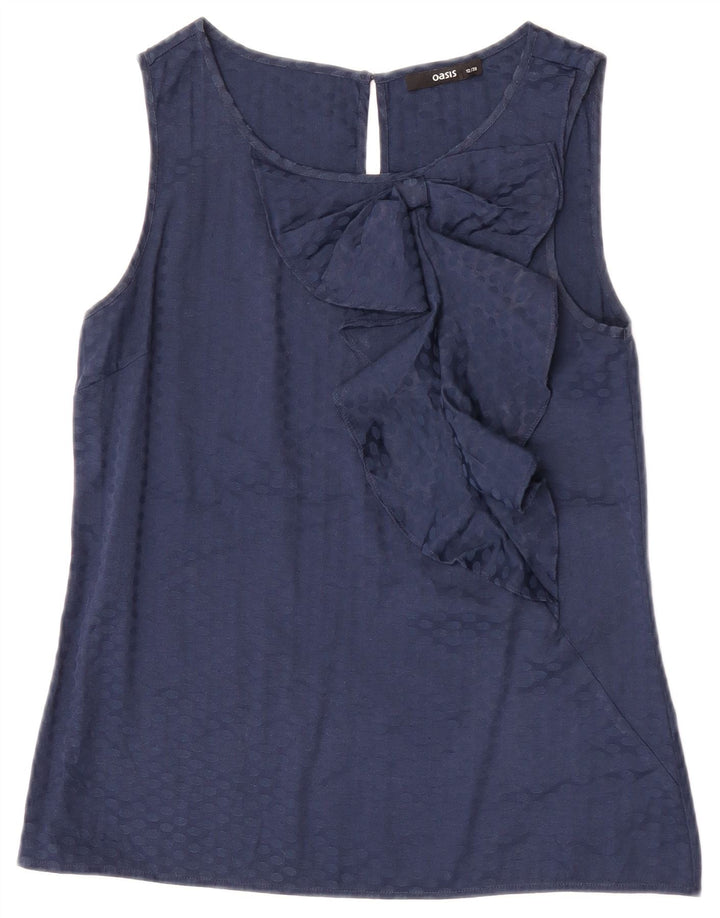 Blusa feminina sem mangas Oasis UK 12 poliéster manchado azul marinho médio
