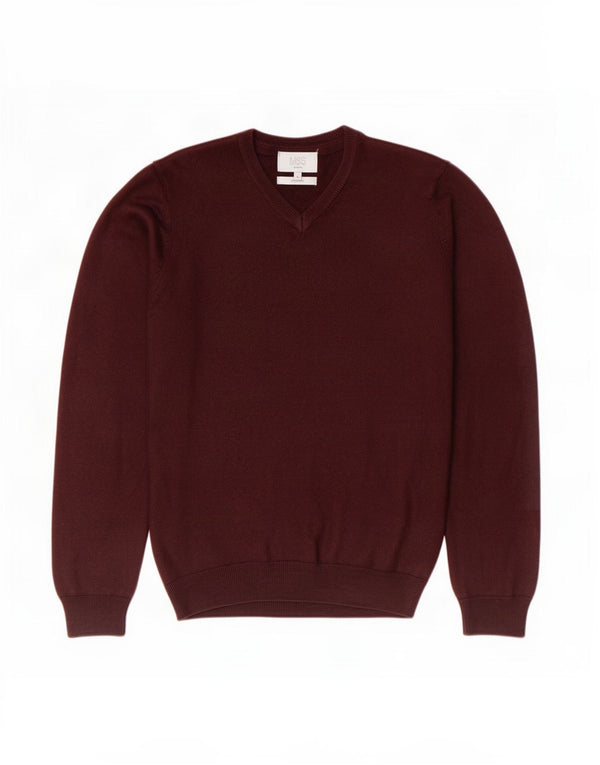 Suéter masculino Marks & Spencer com ajuste regular e decote em V, pequeno Borgonha