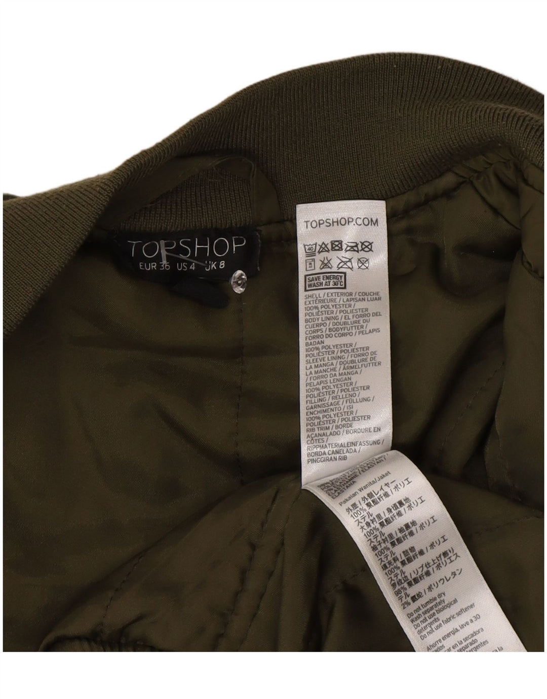 Jaqueta bomber acolchoada feminina Topshop poliéster verde pequeno Reino Unido 8