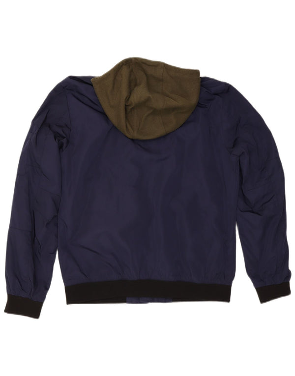Jaqueta bomber masculina com capuz Zara UK 40 grande poliéster colorblock azul marinho