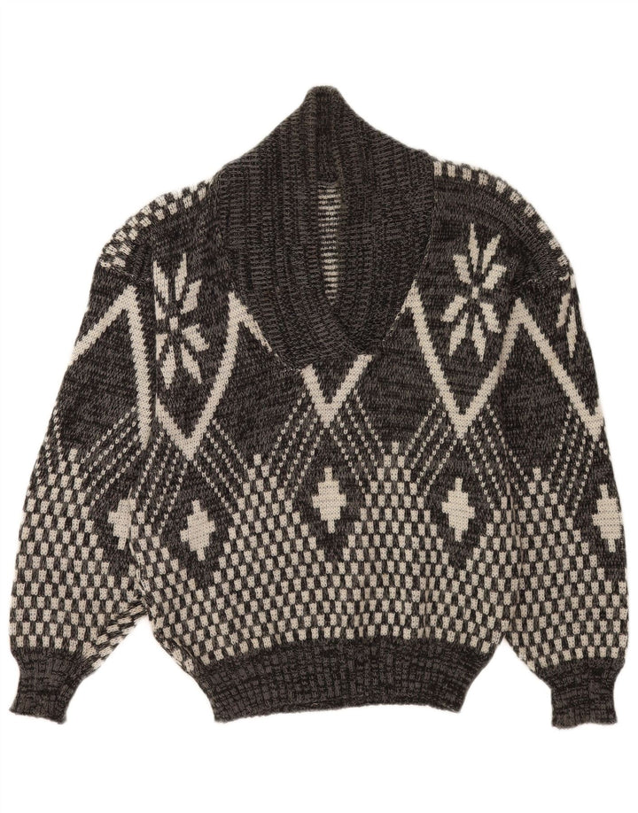 Suéter masculino vintage com gola xale e meio geométrico cinza médio