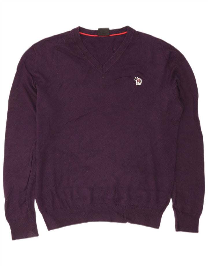 Suéter masculino Paul Smith com decote em V de algodão roxo médio