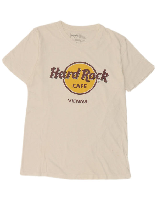 Camiseta masculina Hard Rock Cafe Vienna com estampa gráfica pequena de algodão branco