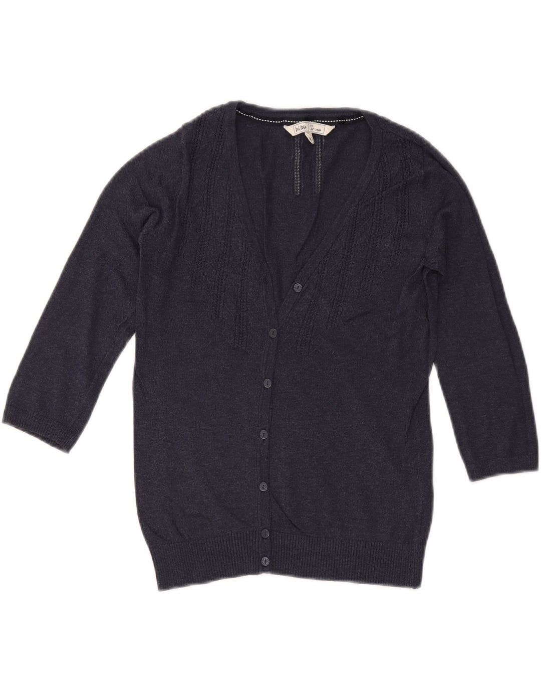 Suéter cardigã feminino de manga 3/4 FAT FACE Reino Unido 8 pequeno algodão azul marinho