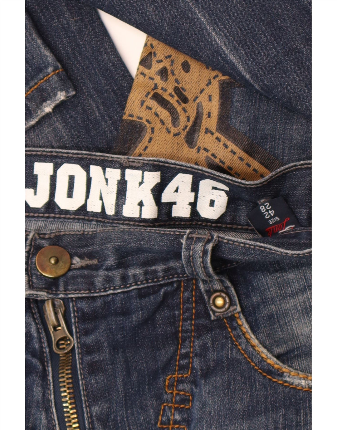 Jonk 46 feminino gráfico reto jeans IT 42 médio W28 L34 algodão azul marinho