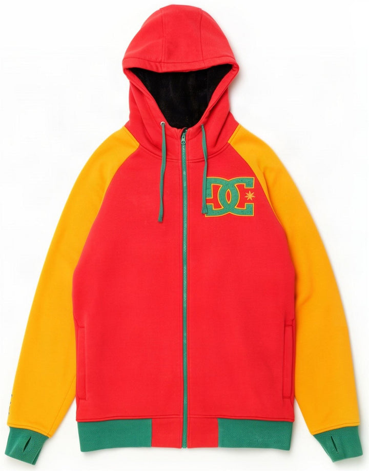 DC Suéter masculino com capuz e zíper gráfico médio vermelho algodão colorblock