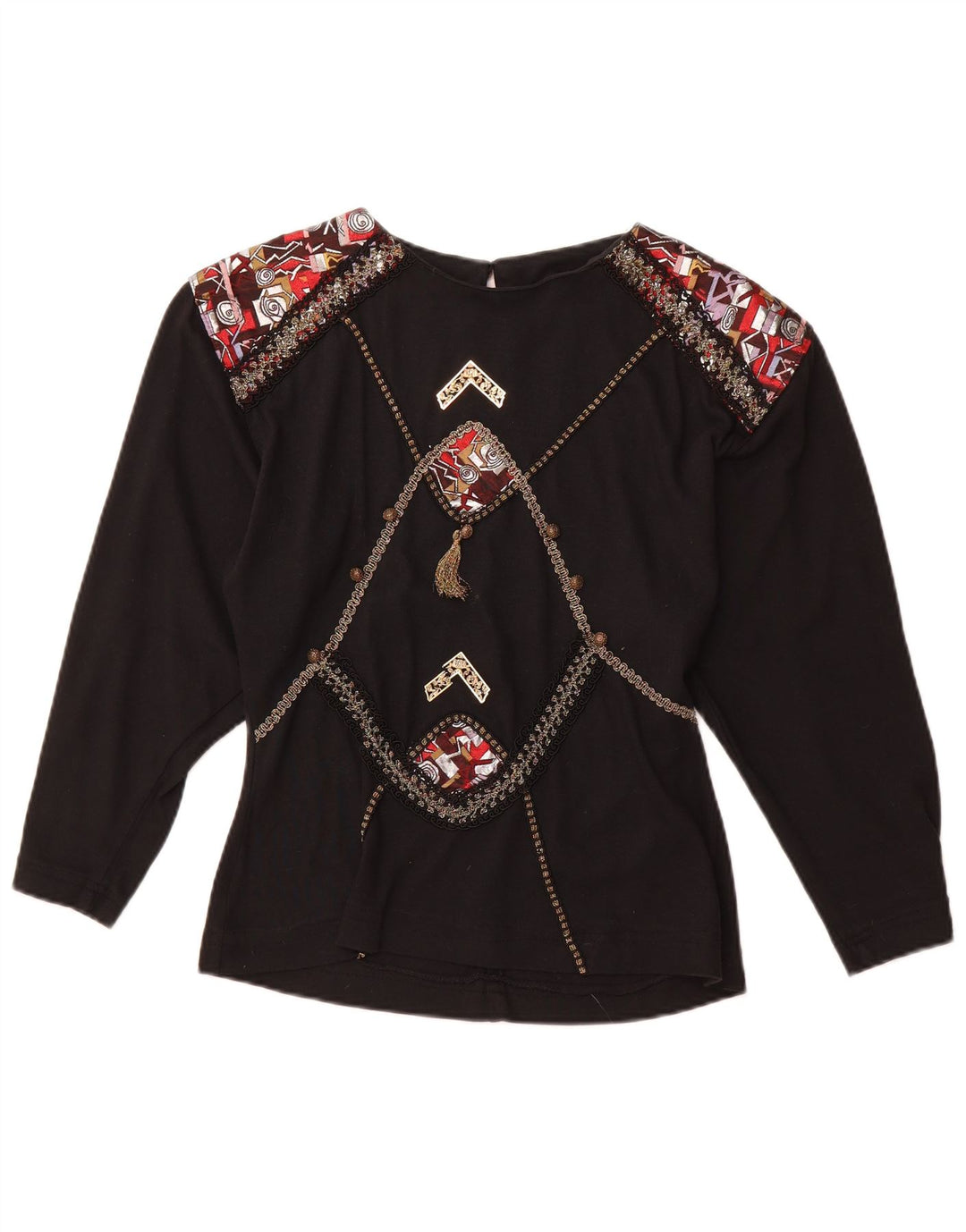 Blusa feminina VINTAGE estampada de manga comprida Reino Unido 12 acrílico preto médio