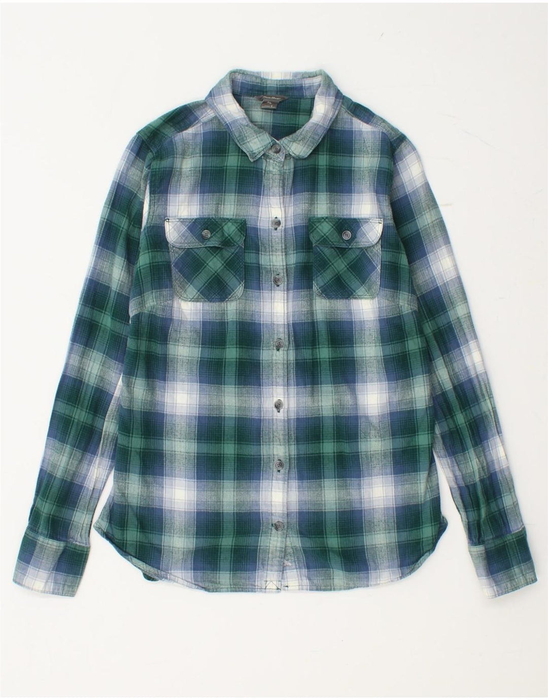 Camisa feminina de flanela EDDIE BAUER Reino Unido 10 algodão xadrez verde pequeno
