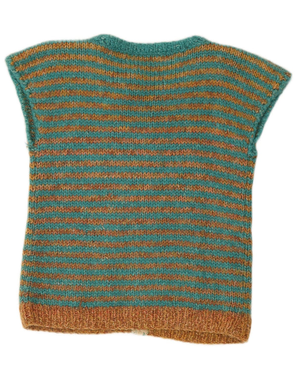 Suéter cardigã feminino vintage de manga curta UK 12 listrado verde médio