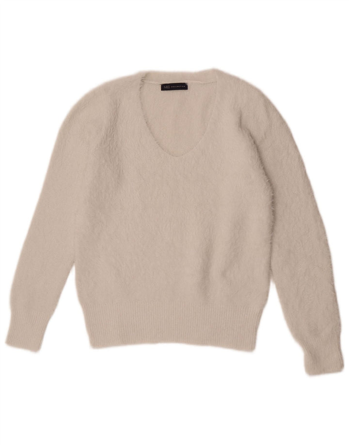 Suéter feminino Marks & Spencer com decote em V UK 12 Médio Off White