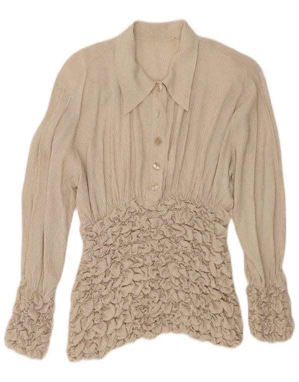 Blusa feminina vintage de manga comprida UK 10 acetato xadrez bege pequeno