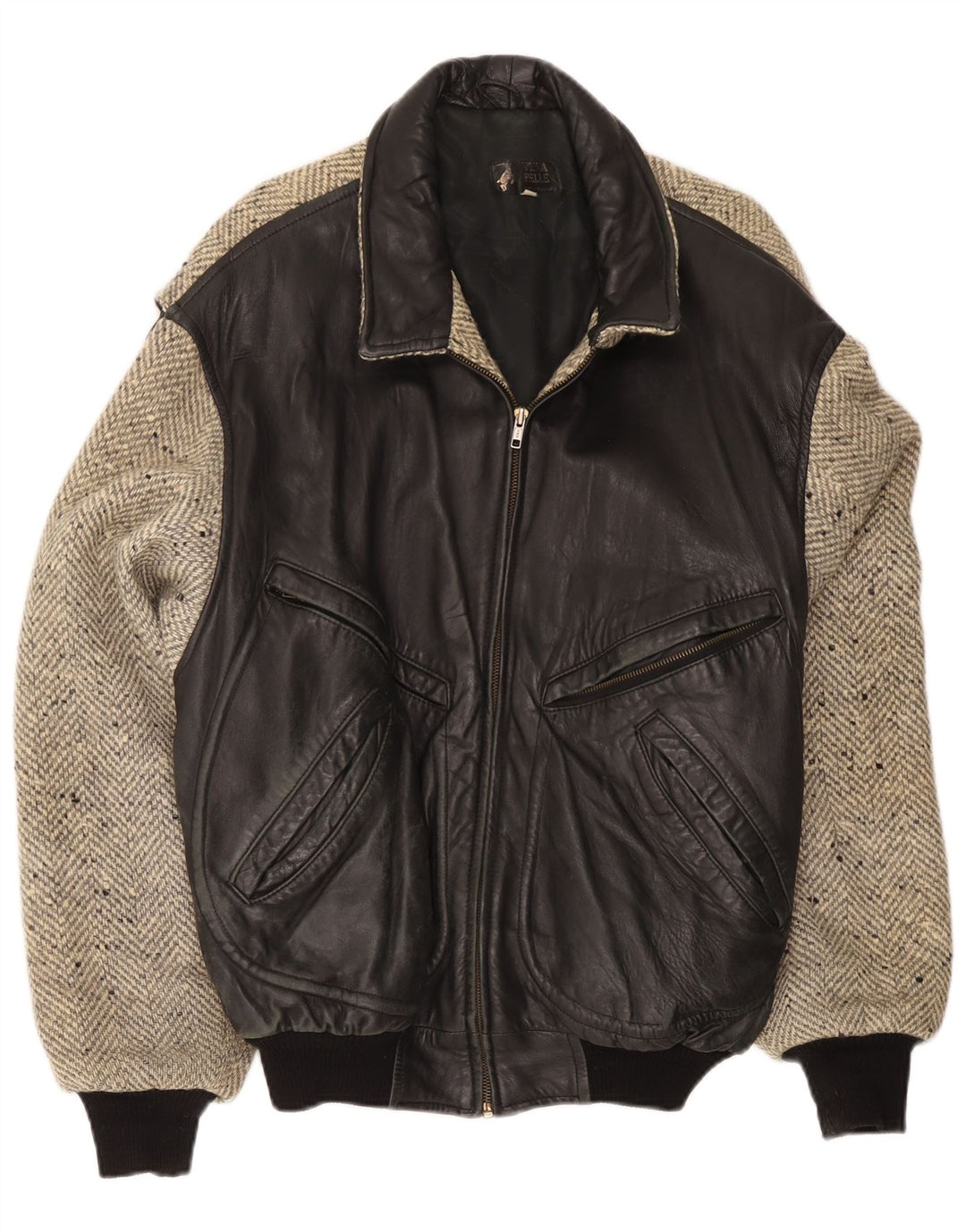 Jaqueta de couro masculina vintage IT 54 XL preta colorblock