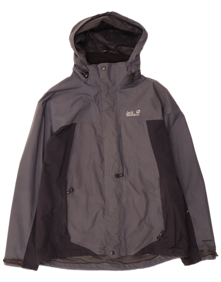 Jaqueta de chuva masculina com capuz Jack Wolfskin Reino Unido 36/38 bloco colorido cinza médio