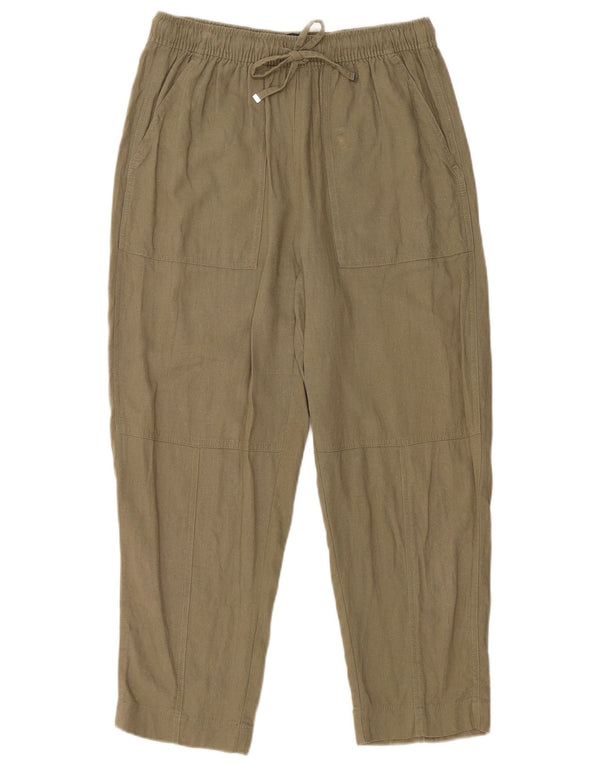 Calça feminina Zara cintura alta reta cortada média W30 L23 linho cáqui