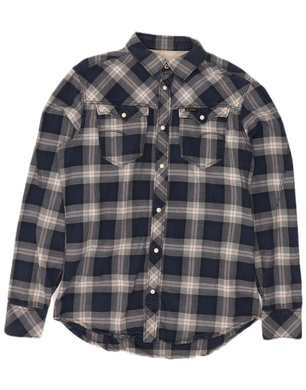 Camisa ocidental masculina G-Star de algodão xadrez azul médio